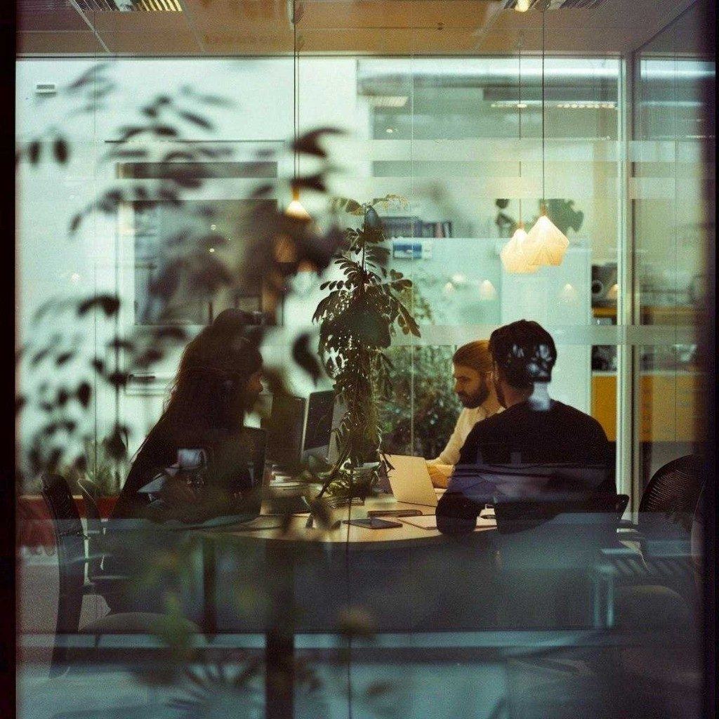 Security team collaborating in a glass-walled office