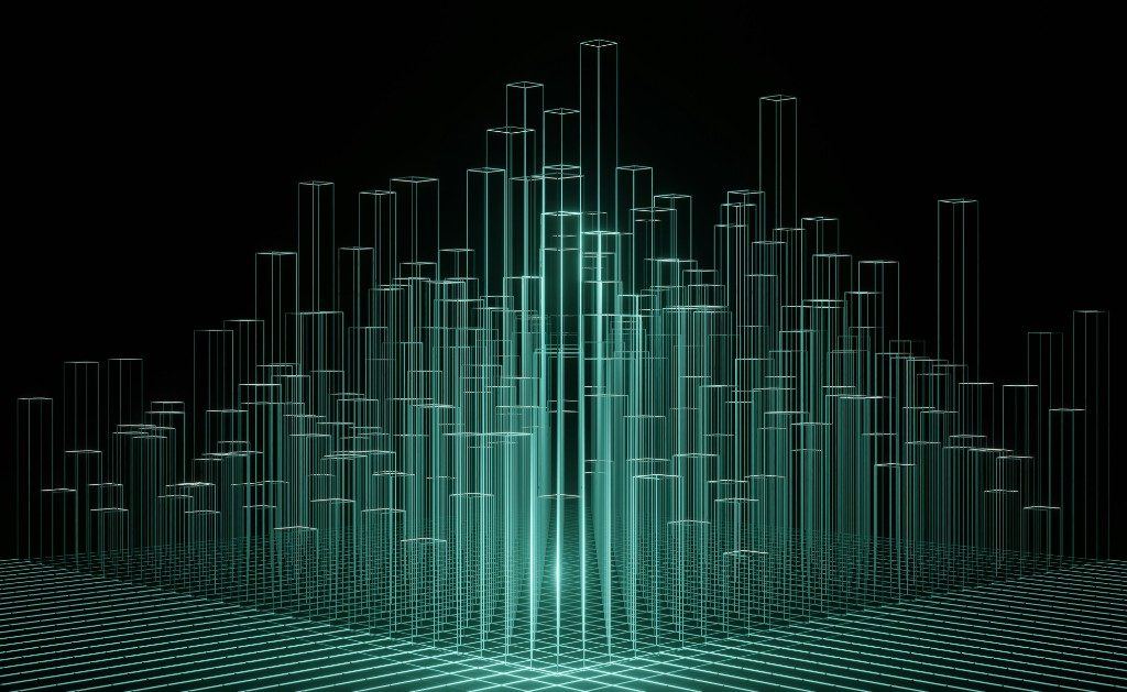 Wireframe data grid visualizing autonomous AI agent activity